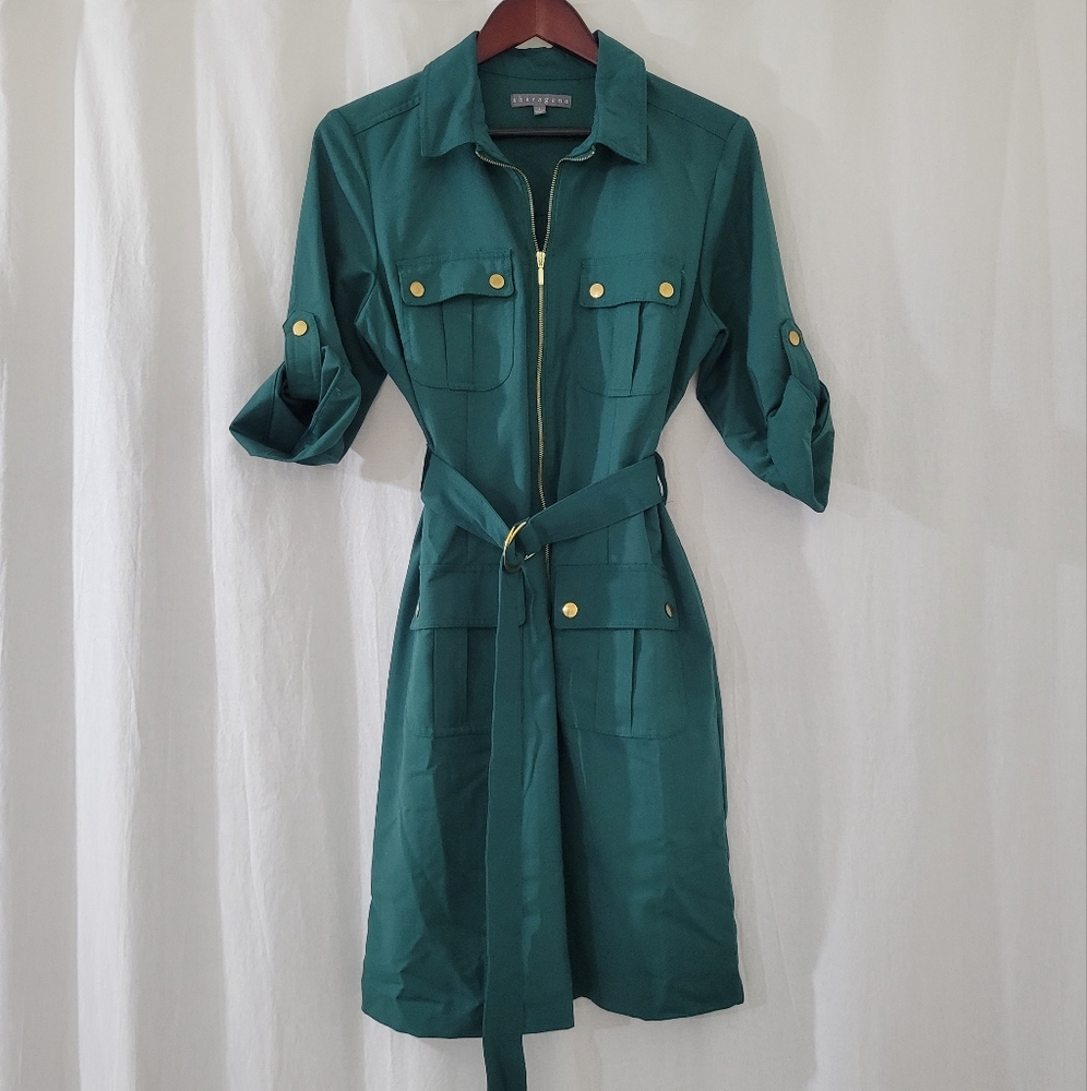 Sharagano Teal Midi Shirt Dress with Gold Hardware